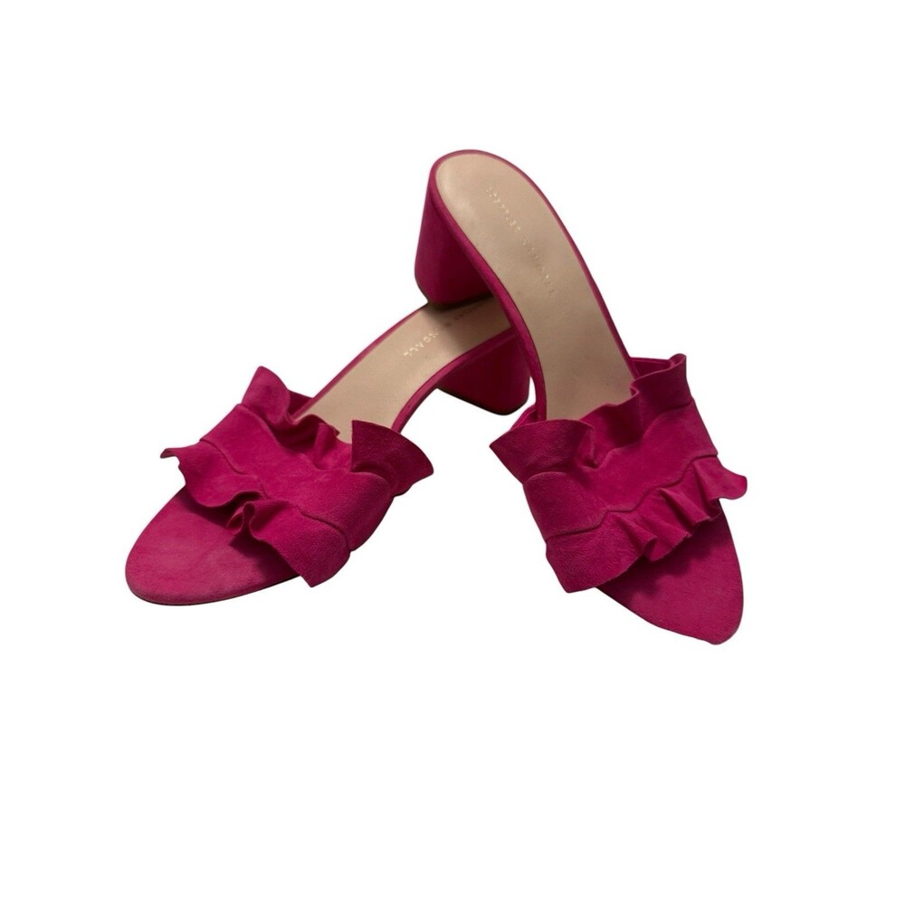Loeffler Randall Vera Pink Suede Ruffle Mule Sandals Block Heel Size 9 Occasion